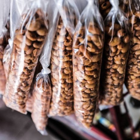 Close-up of wrapped peanuts in retail store